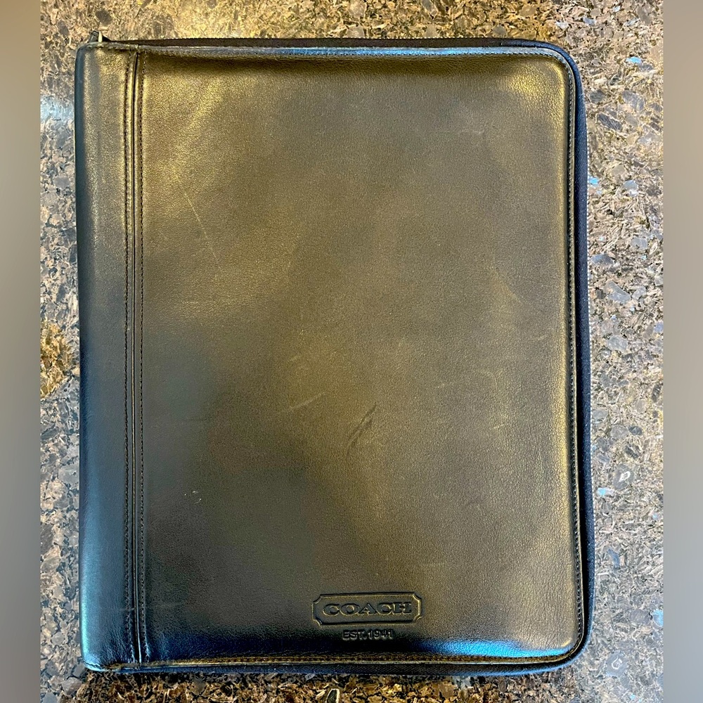 Coach Black Leather Zip Folio Laptop, Tablet Notebook, Case w/phone pouch NWOT